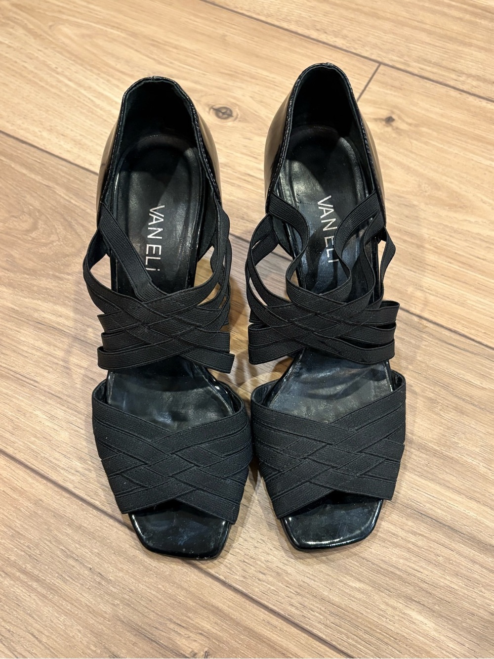 Vaneli Black Crisscross Elastic Open-Toe Heels